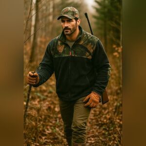 Trail Crest Men’s L Full Zip Fleece Jacket Black Camo Leaf Elbow Patches Outdoor